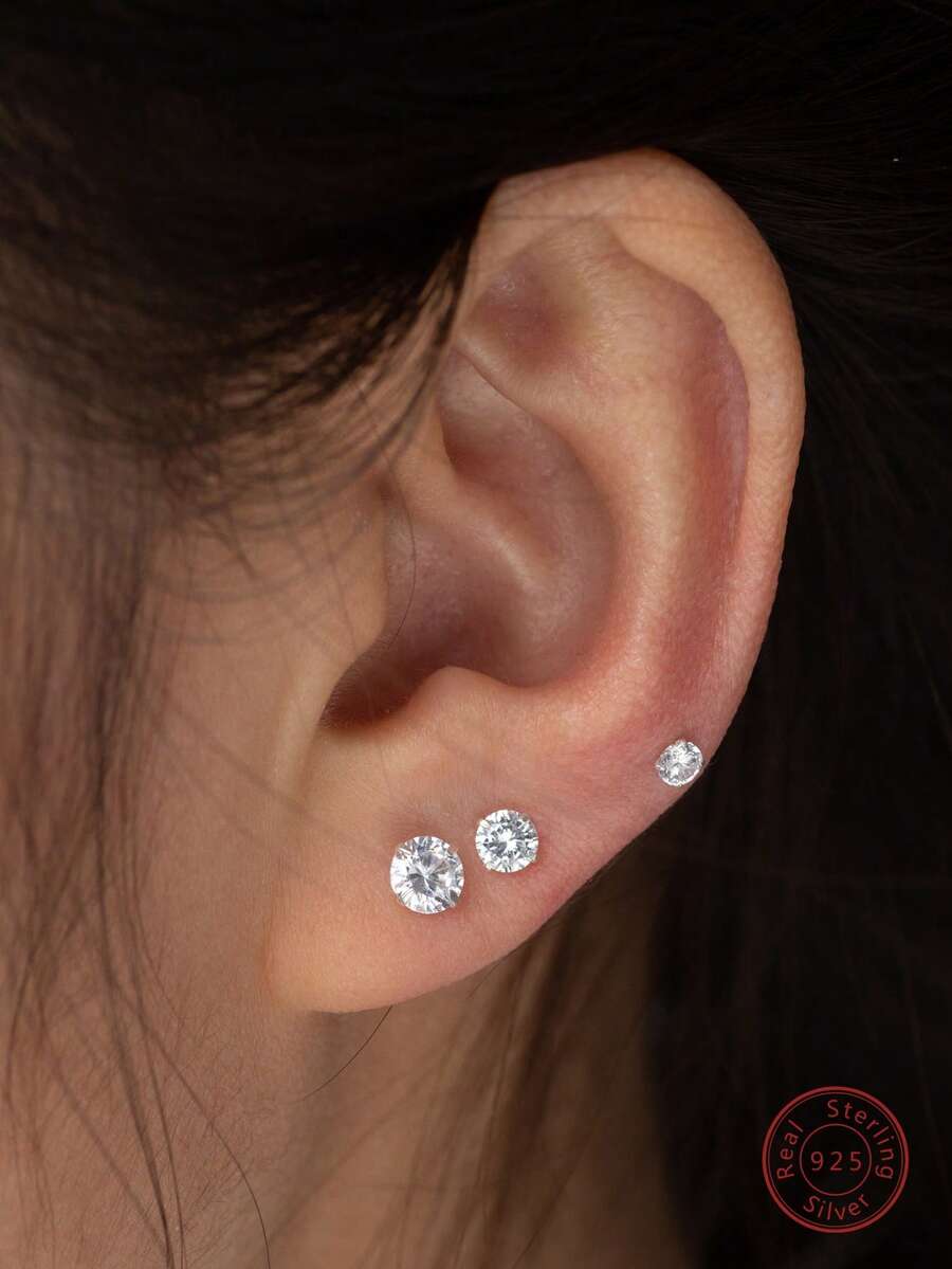 3對/套方晶鋯石裝飾銀耳釘