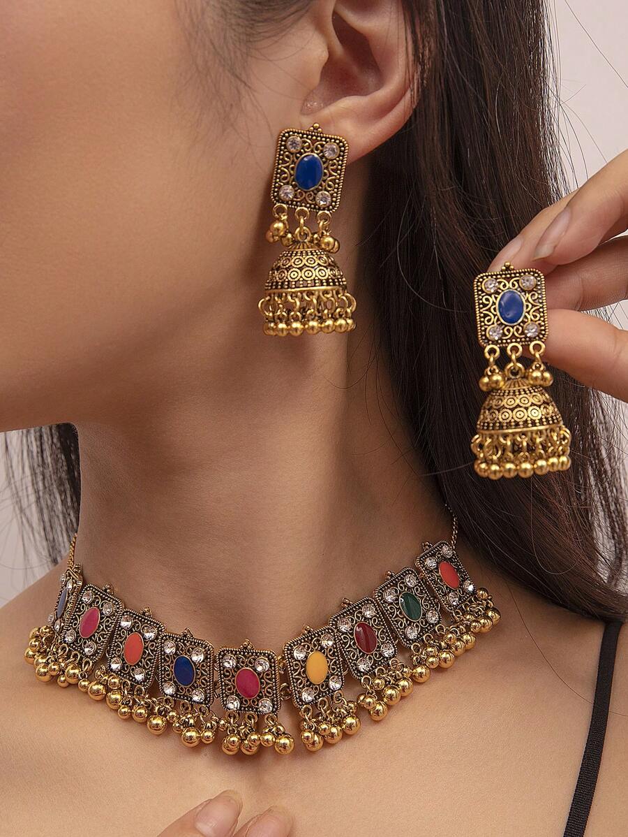 3入組華麗雕刻復古風圓形吊墜耳環及項鍊套裝，女士派對時尚飾品 - 復古銀色 - 查看 1