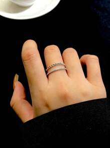 1入組雙層鏈條華麗可調節戒指適合女士S925純銀白金顏色精細首飾類日常穿著禮物 - 銀色 - 查看 2