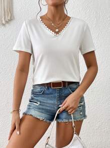 SHEIN Frenchy Contrast Lace Tie Back Tee Casual - White - View 3