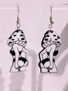 1雙時尚蘑菇耳墜適合女士日常裝飾 - 黑與白 - 查看 4