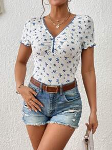 SHEIN Frenchy Áo thun nữ Tương phản ren Xù nhỏ Gân đan Tương phản ràng buộc Nếp gấp Phần Ngực Họa tiết hoa Giải trí - Xanh và trắng - Xem 5