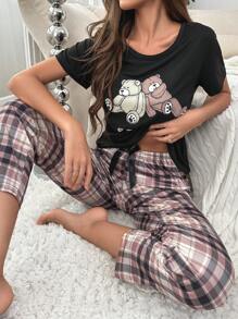 Cartoon Graphic Tee & Plaid Print Trousers PJ Set - Multicolor - View 1