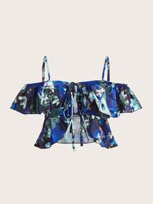 SHEIN ICON Allover Print Tie Front Ruffle Trim Crop Satin Blouse - Multicolor - View 2