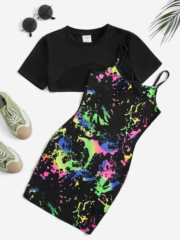 SHEIN Tween Girl Tricou cu tiv înalt și rochie cu imprimeu Splash Ink