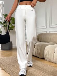 SHEIN EZwear Quần nữ Nút Túi Dây kéo màu trơn Giải trí - trắng - Xem 7