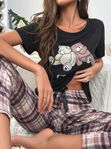 Cartoon Graphic Tee & Plaid Print Trousers PJ Set - Multicolor - View 4