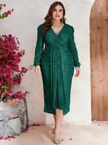YISIKADO Plus Surplice Neck Puff Sleeve Draped Sequin Dress - Dark Green - View 1