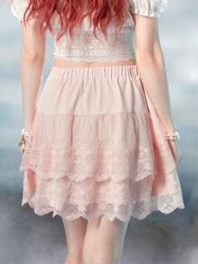 ROMWE Fairycore Contrast Lace Layer Hem Skirt - Pink - View 2