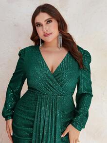 YISIKADO Plus Surplice Neck Puff Sleeve Draped Sequin Dress - Dark Green - View 3