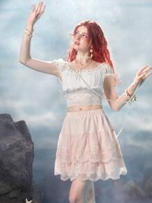 ROMWE Fairycore Contrast Lace Layer Hem Skirt - Pink - View 3