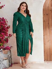 YISIKADO Plus Surplice Neck Puff Sleeve Draped Sequin Dress - Dark Green - View 4