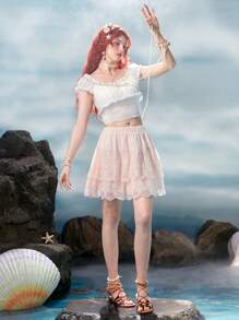 ROMWE Fairycore Contrast Lace Layer Hem Skirt - Pink - View 4