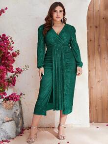 YISIKADO Plus Surplice Neck Puff Sleeve Draped Sequin Dress - Dark Green - View 5