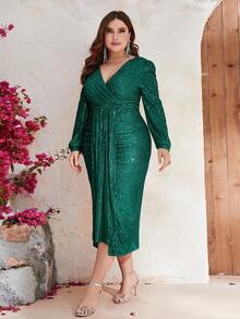 YISIKADO Plus Surplice Neck Puff Sleeve Draped Sequin Dress - Dark Green - View 6