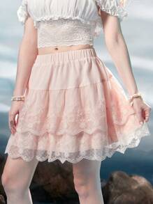 ROMWE Fairycore Contrast Lace Layer Hem Skirt - Pink - View 6