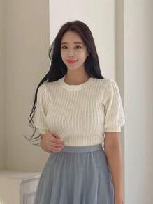 DAZY 素色泡泡袖針織上衣 - 白色 - 查看 3