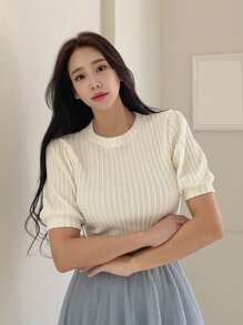 DAZY 素色泡泡袖針織上衣 - 白色 - 查看 4