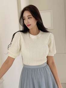 DAZY 素色泡泡袖針織上衣 - 白色 - 查看 1