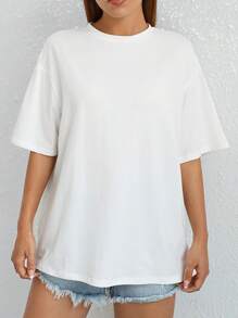 SHEIN EZwear Floral & Slogan Graphic Drop Shoulder Tee