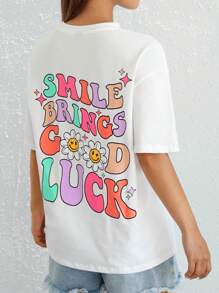 SHEIN EZwear Floral & Slogan Graphic Drop Shoulder Tee