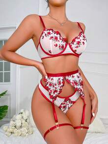 花卉刺繡網紗鋼圈吊帶襪內衣套裝 - 彩色 - 查看 3