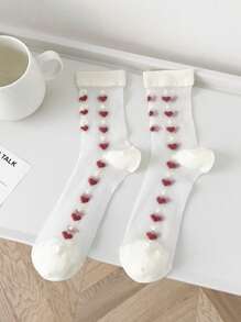 1雙女性愛心圖案休閒中筒襪適用於日常 - 白色 - 查看 1