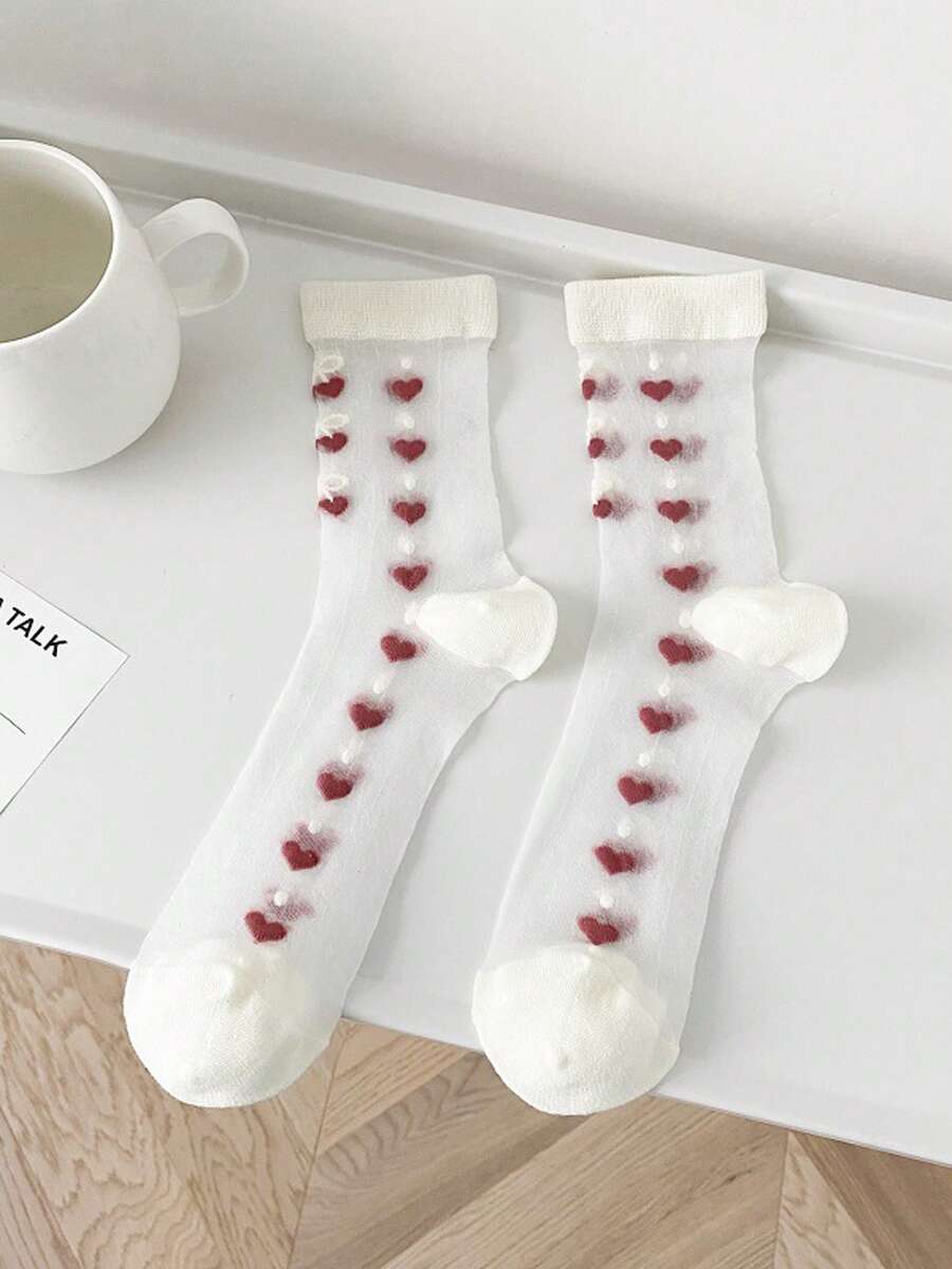 1雙女性愛心圖案休閒中筒襪適用於日常 - 白色 - 查看 1