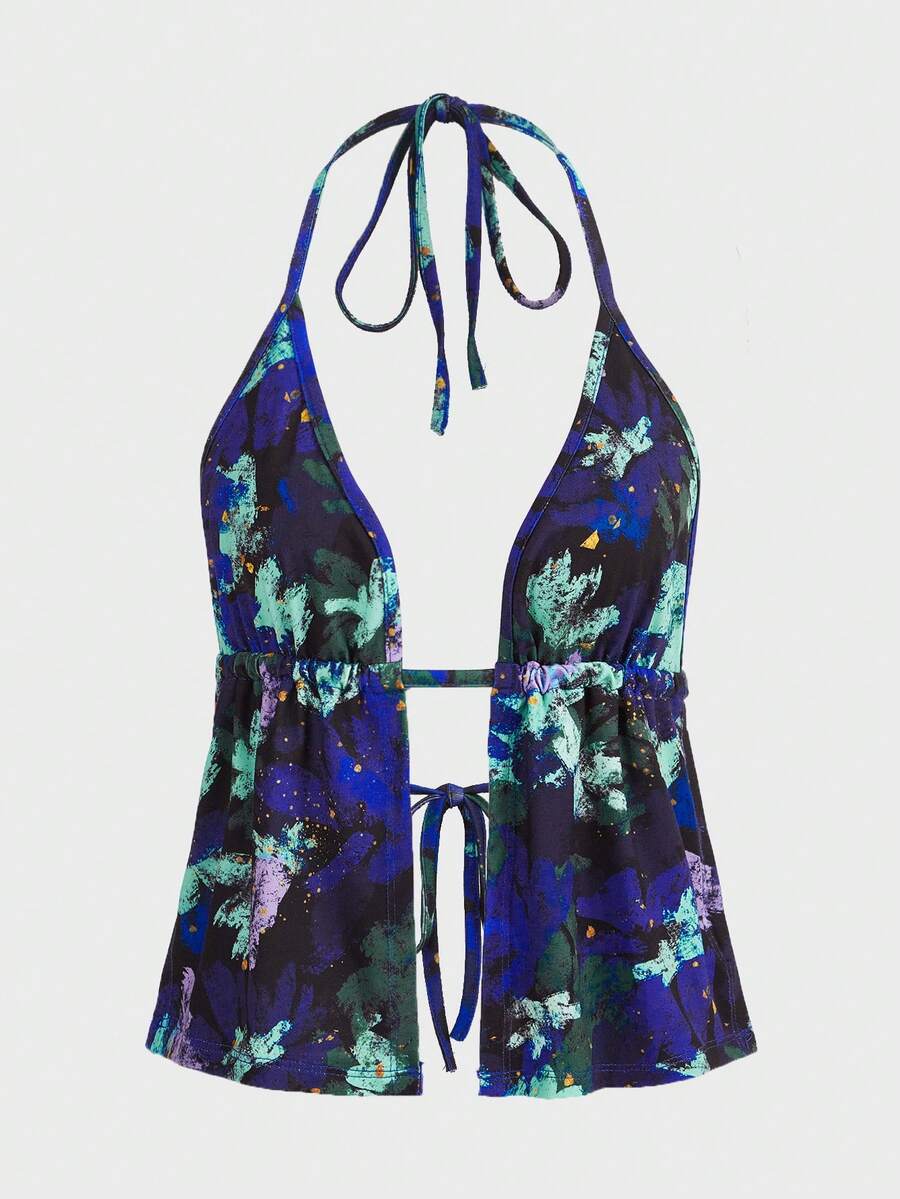 SHEIN ICON 紮染後背繫帶掛脖上衣 - 彩色 - 查看 1