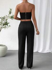 SHEIN Privé 素色抹胸上衣和直筒褲 - 黑色 - 查看 2