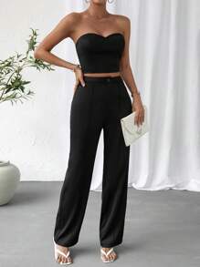 SHEIN Privé 素色抹胸上衣和直筒褲 - 黑色 - 查看 5