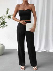 SHEIN Privé 素色抹胸上衣和直筒褲 - 黑色 - 查看 6