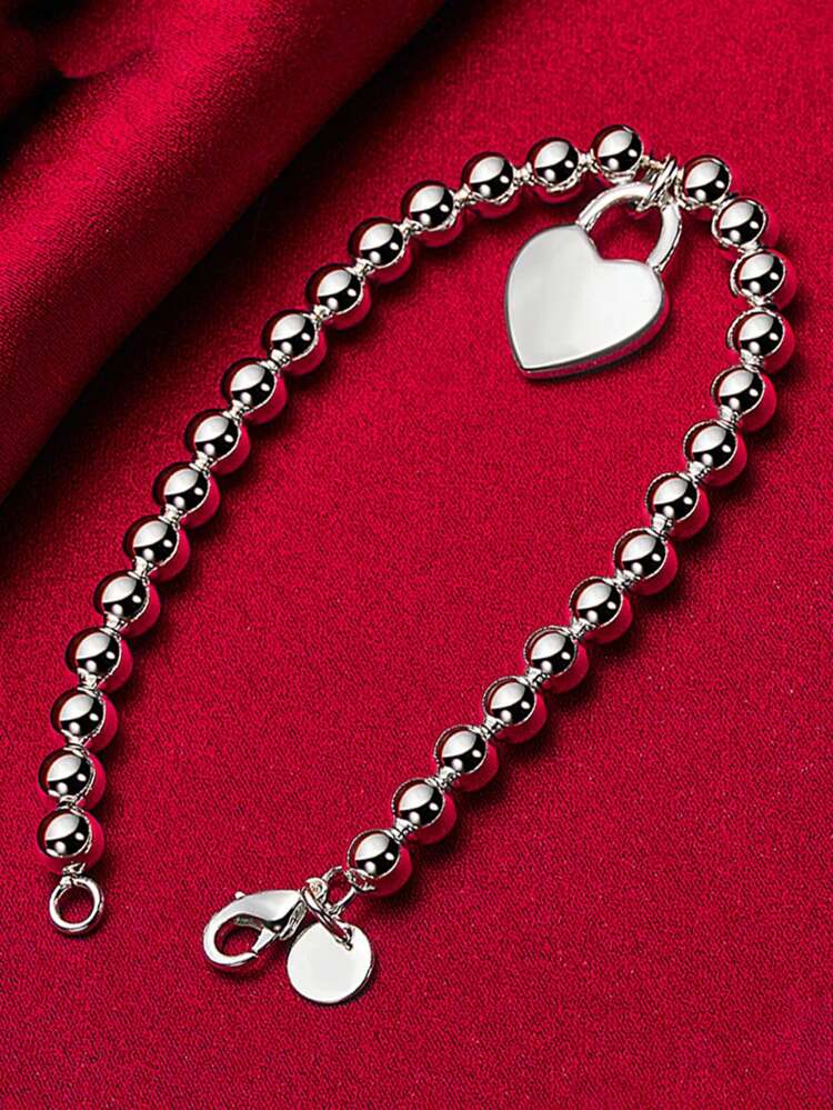 Charm Silver Heart Lock 6mm Beads Chain Bracelets Jewelry For Women Top Quality Lovers Bracelets Christmas Gift