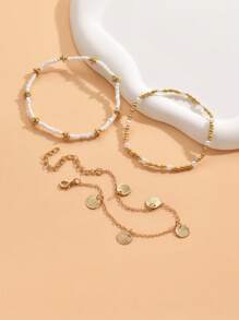 3pcs/Set Bohemian Beach Style Faux Pearl & Beaded Alloy Conch Shell Pendant Women's Anklet - White - View 2