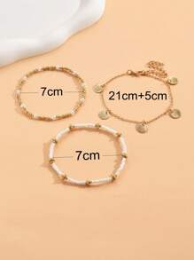 3pcs/Set Bohemian Beach Style Faux Pearl & Beaded Alloy Conch Shell Pendant Women's Anklet - White - View 3