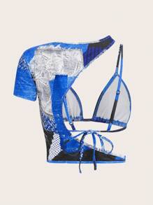 SHEIN ICON 牛仔效果印花镂空不对称领口短款上衣 - 彩色 - 查看 7