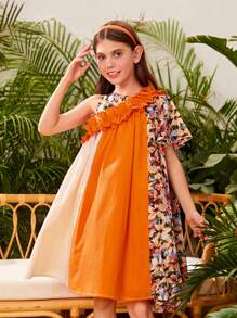 SHEIN 女孩印花撞色荷葉邊連衣裙 - 彩色 - 查看 1