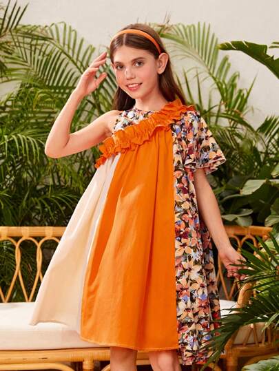 SHEIN 女孩印花撞色荷葉邊連衣裙