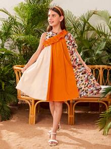 SHEIN 女孩印花撞色荷葉邊連衣裙 - 彩色 - 查看 5