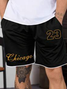 Manfinity Homme Men Letter Graphic Contrast Trim Drawstring Waist Shorts Letter Sweat Shorts, For Husband, Boyfriend Gifts - Black - View 1