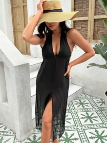 SHEIN Fringe Hem Halter Cover Up - Black - View 6