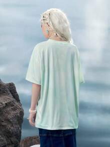 ROMWE Fairycore Nàng tiên cá Tie Dye Fish Print Drop Shoulder Tee - màu xanh lá - Xem 2
