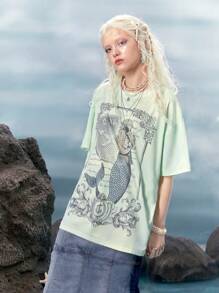 ROMWE Fairycore Nàng tiên cá Tie Dye Fish Print Drop Shoulder Tee - màu xanh lá - Xem 4