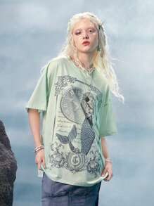 ROMWE Fairycore Nàng tiên cá Tie Dye Fish Print Drop Shoulder Tee - màu xanh lá - Xem 5