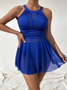 SHEIN Plain Tankini Summer Beach - Blue - View 4