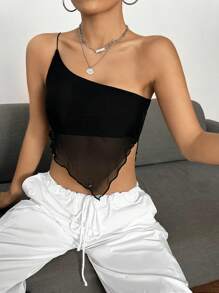 SHEIN BAE Top de un hombro bajo asimétrico crop de malla - Negro - Ver 5