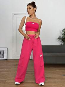 SHEIN EZwear 字母貼布抹胸上衣和腰部抽繩工裝褲 - 玫紅色 - 查看 5