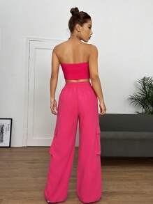 SHEIN EZwear 字母貼布抹胸上衣和腰部抽繩工裝褲 - 玫紅色 - 查看 2