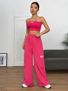 SHEIN EZwear 字母貼布抹胸上衣和腰部抽繩工裝褲 - 玫紅色 - 查看 4