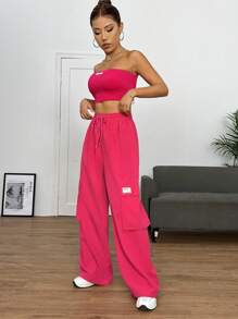 SHEIN EZwear 字母貼布抹胸上衣和腰部抽繩工裝褲 - 玫紅色 - 查看 6
